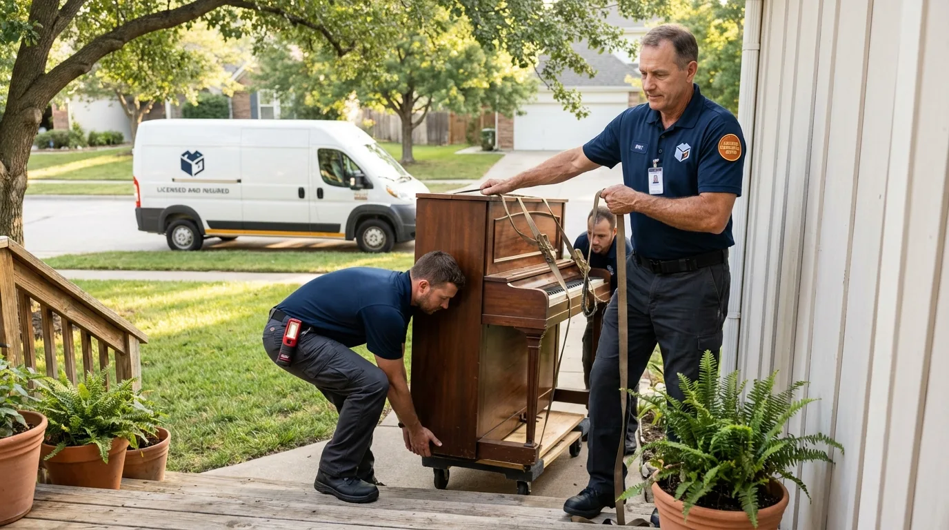 Licensed piano movers securing grand piano in Stillwater, NY
