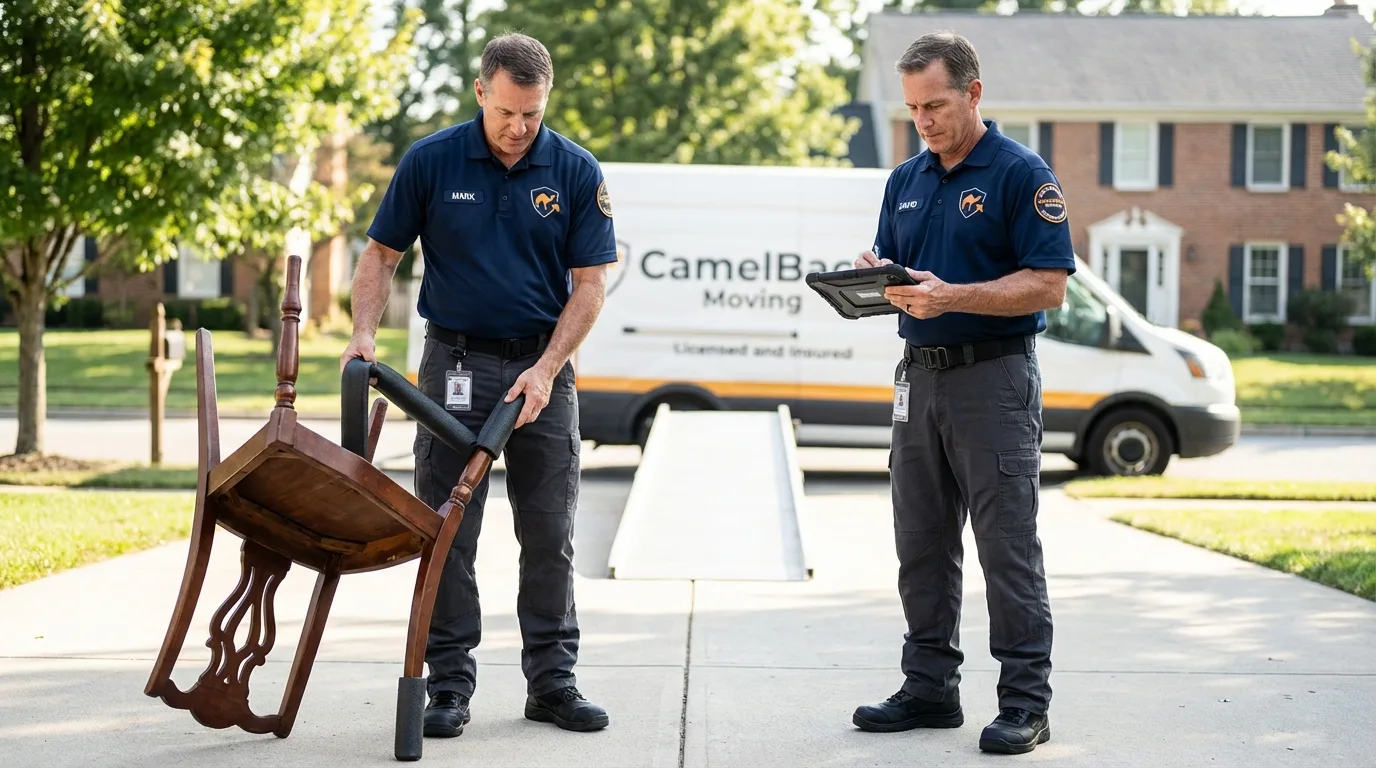 Movers inspecting furniture for damage prevention before loading in Stillwater, NY