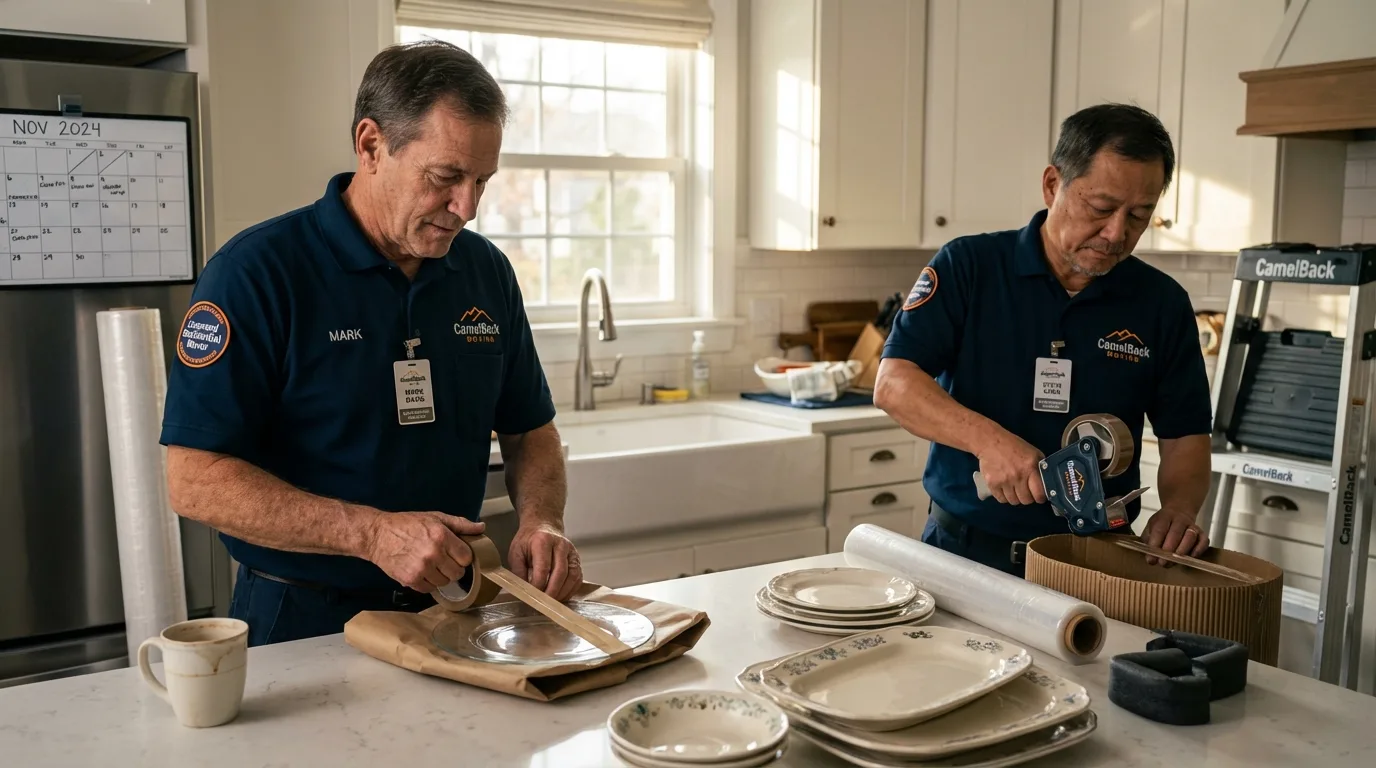 Professional crew packing kitchen dishware in Stillwater, NY